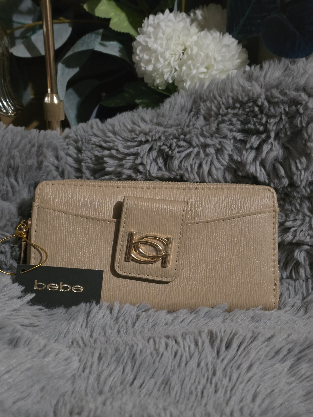 bebe Beige Pebbled Leather Wallet with Gold Hardware